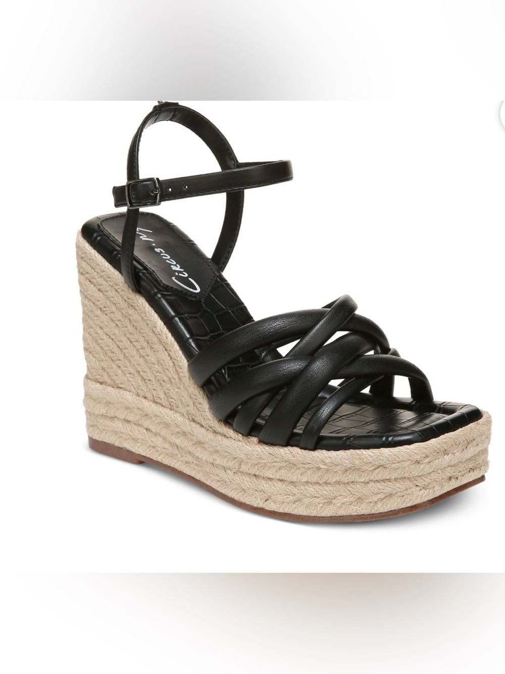 Circus by Sam Edelman NIB Black Leather Strappy Espadrille Wedge Sandal 9.5 New